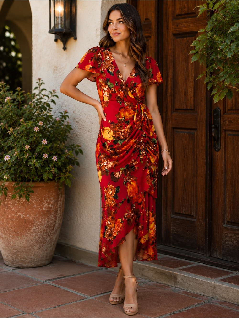 Vintage-Inspired Red Floral Ruched Midi/Maxi Dress | Romantic Fall Style